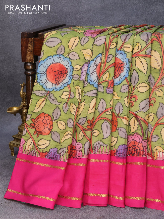 Pure kanjivaram silk saree mehendi green and pink with allover pen kalamkari prints and temple design rettapet zari woven border