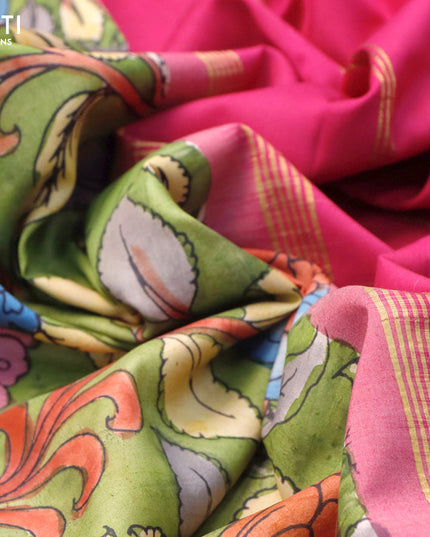 Pure kanjivaram silk saree mehendi green and pink with allover pen kalamkari prints and temple design rettapet zari woven border