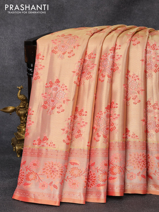 Tissue semi kanjivaram silk saree cream and dual shade of pink with floral design butta weaves and floral design zari woven border