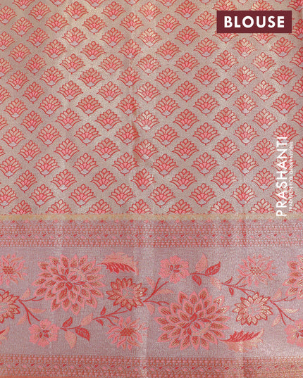 Tissue semi kanjivaram silk saree cream and dual shade of pink with floral design butta weaves and floral design zari woven border