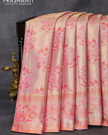 Tissue semi kanjivaram silk saree cream and candy pink with floral design butta weaves and floral design zari woven border