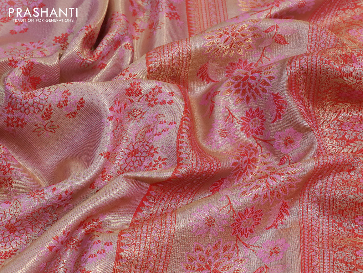 Tissue semi kanjivaram silk saree cream and candy pink with floral design butta weaves and floral design zari woven border