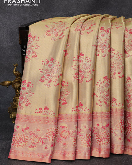 Tissue semi kanjivaram silk saree cream and pink with floral design butta weaves and floral design zari woven border