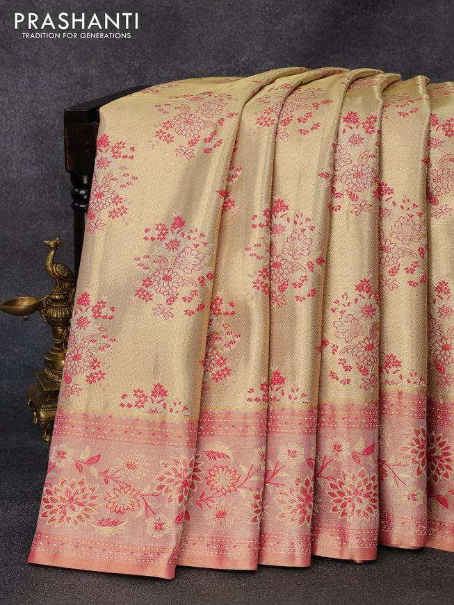 Tissue semi kanjivaram silk saree cream and pink with floral design butta weaves and floral design zari woven border