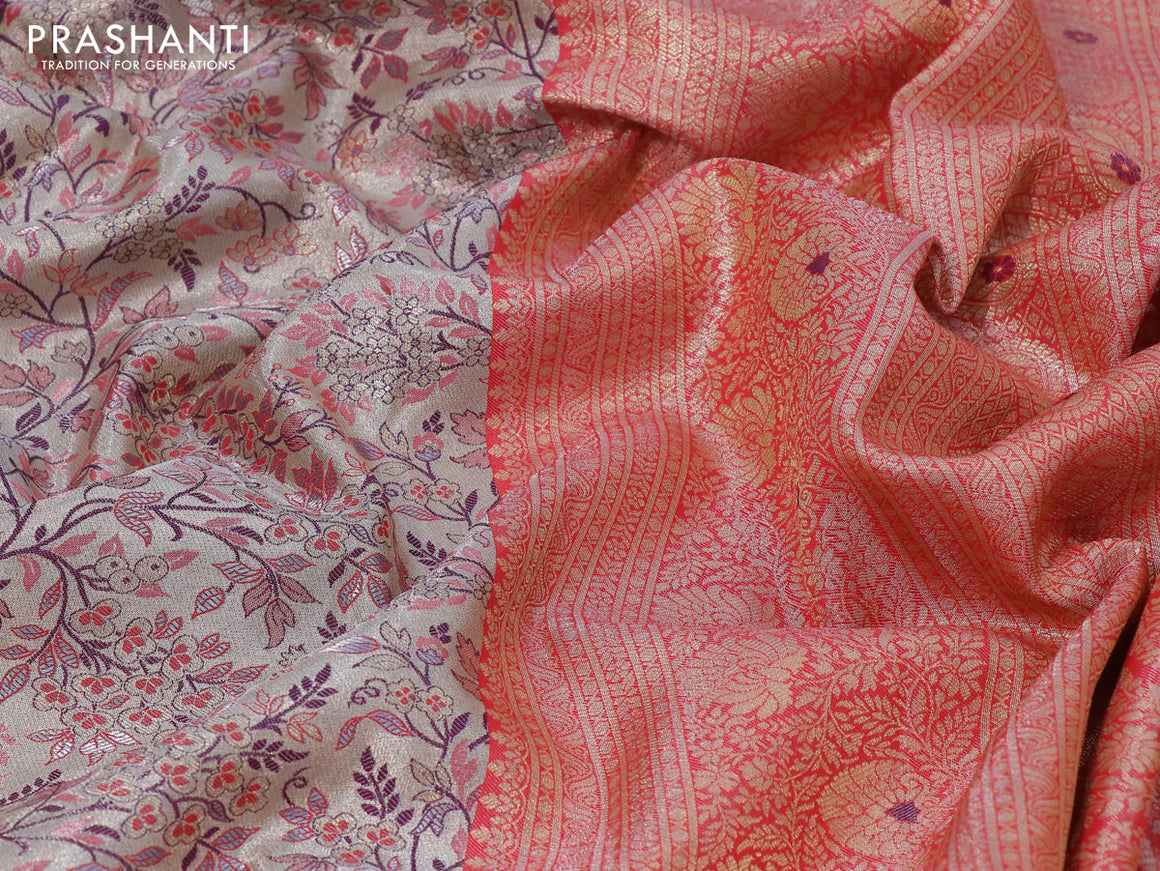 Tissue semi kanjivaram silk saree grey shade and red with allover thread & zari woven floral brocade weaves and long floral zari woven border