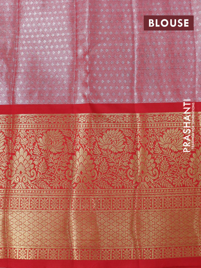 Tissue semi kanjivaram silk saree grey shade and red with allover thread & zari woven floral brocade weaves and long floral zari woven border
