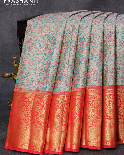 Tissue semi kanjivaram silk saree dual shade of peacock blue and red with allover thread & zari woven floral brocade weaves and long floral zari woven border
