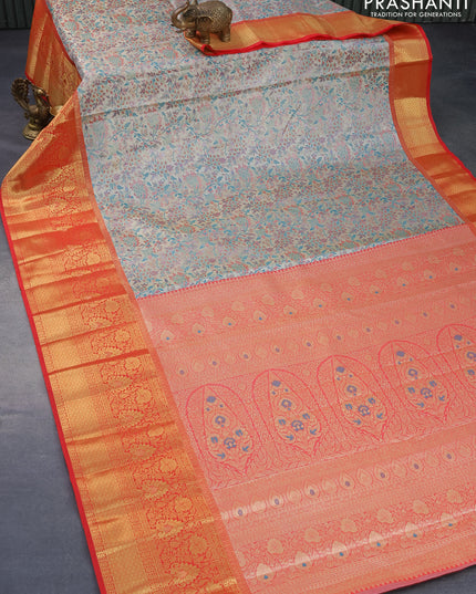 Tissue semi kanjivaram silk saree dual shade of peacock blue and red with allover thread & zari woven floral brocade weaves and long floral zari woven border
