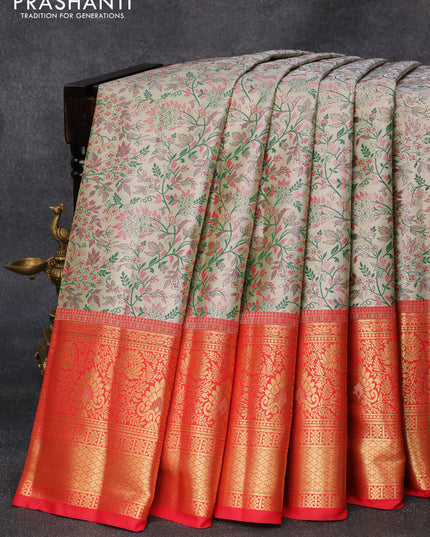 Tissue semi kanjivaram silk saree grey shade green and red with allover thread & zari woven floral brocade weaves and long floral zari woven border