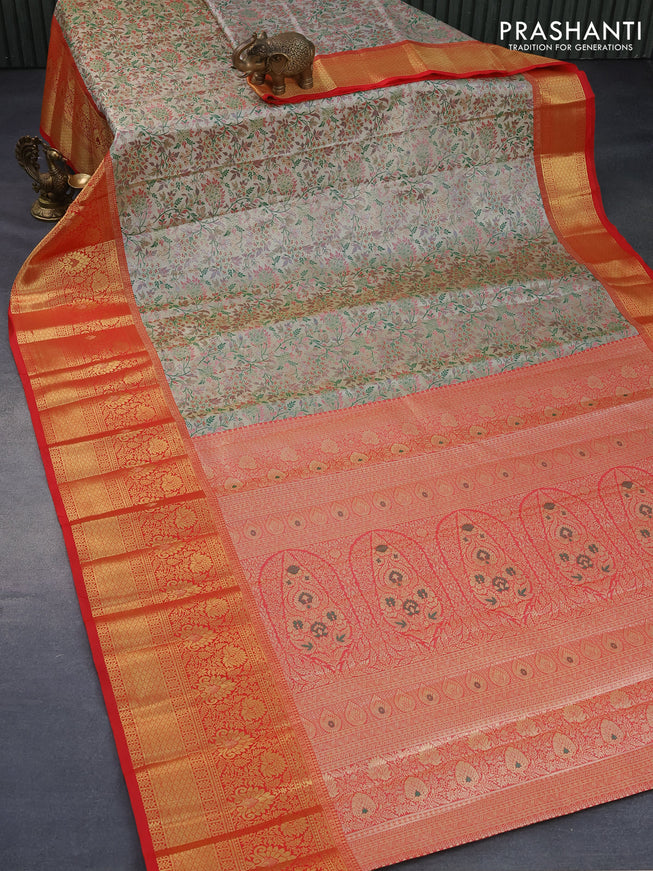 Tissue semi kanjivaram silk saree grey shade green and red with allover thread & zari woven floral brocade weaves and long floral zari woven border