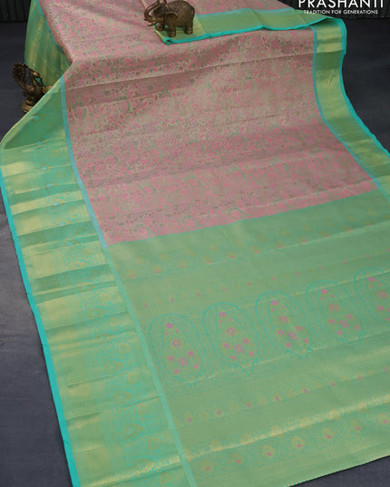 Tissue semi kanjivaram silk saree cream pink and teal green with allover thread & zari woven floral brocade weaves and long floral zari woven border