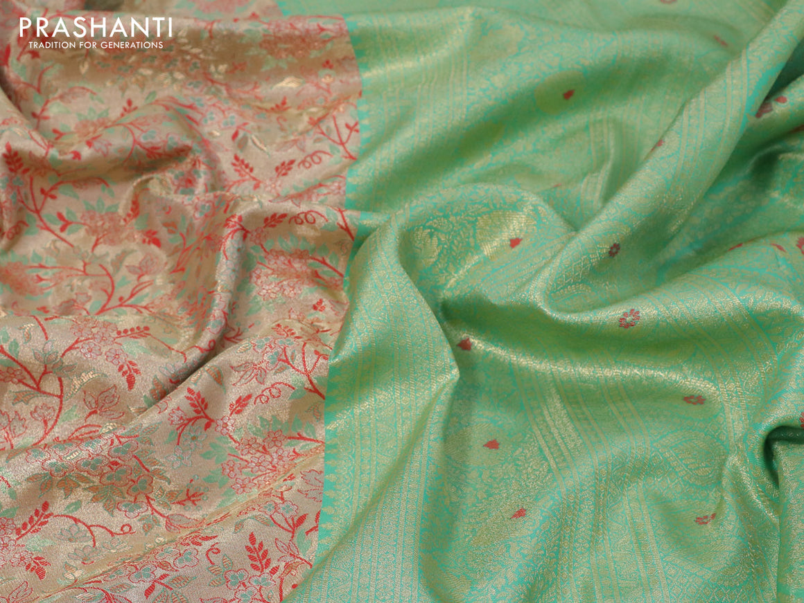 Tissue semi kanjivaram silk saree dual shade of red and teal green with allover thread & zari woven floral brocade weaves and long floral zari woven border