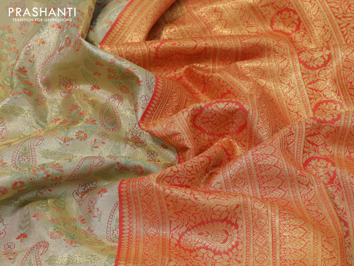 Tissue semi kanjivaram silk saree pastel green and red with allover thread & zari weaves anf zari woven border