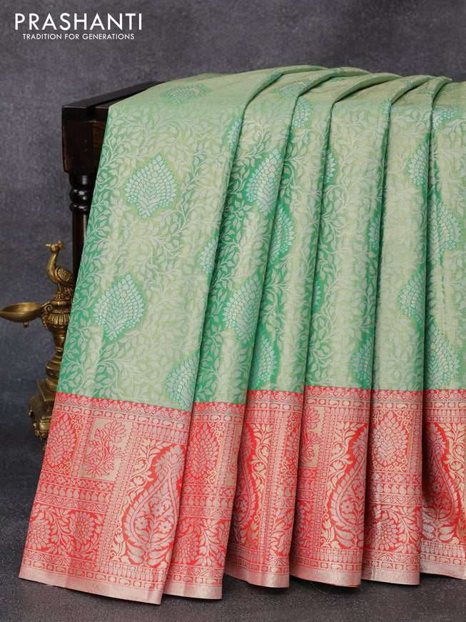 Tissue semi kanjivaram silk saree green and red with allover silver zari woven broacde weaves and silver zari woven border