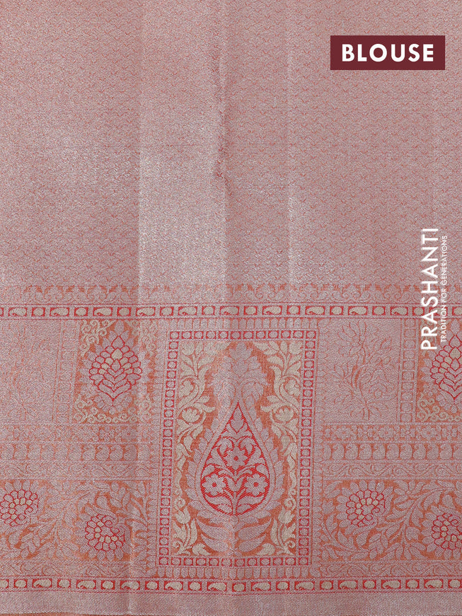 Tissue semi kanjivaram silk saree green and red with allover silver zari woven broacde weaves and silver zari woven border