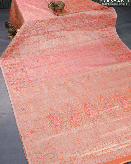 Tissue semi kanjivaram silk saree peach orange and red with allover silver zari woven broacde weaves and silver zari woven border