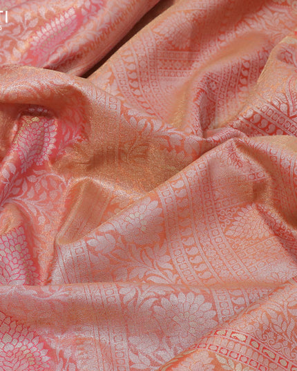 Tissue semi kanjivaram silk saree peach orange and red with allover silver zari woven broacde weaves and silver zari woven border