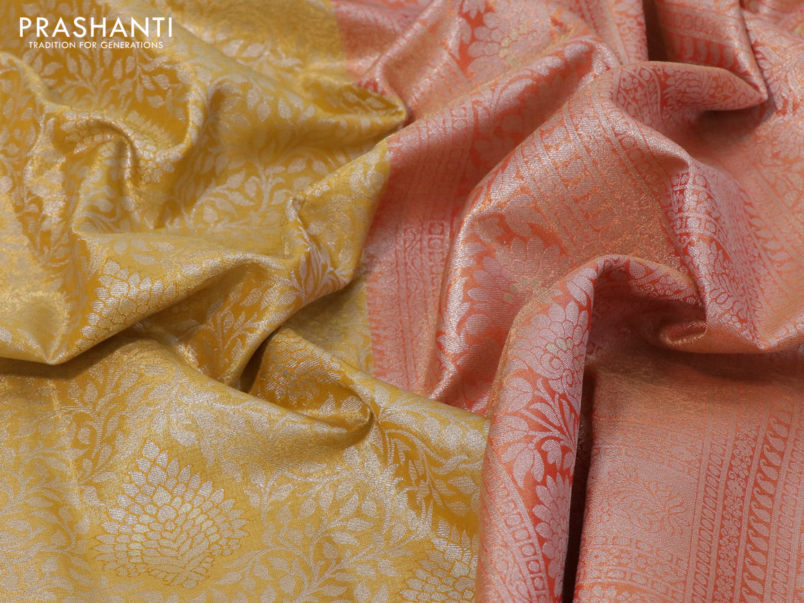 Tissue semi kanjivaram silk saree yellow and red with allover silver zari woven broacde weaves and silver zari woven border