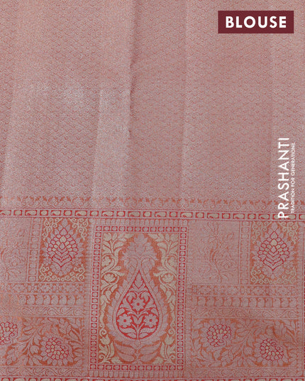 Tissue semi kanjivaram silk saree yellow and red with allover silver zari woven broacde weaves and silver zari woven border
