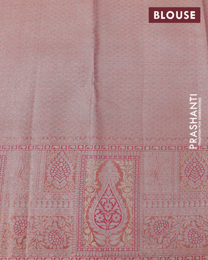 Tissue semi kanjivaram silk saree teal green and pink with allover silver zari woven broacde weaves and silver zari woven border