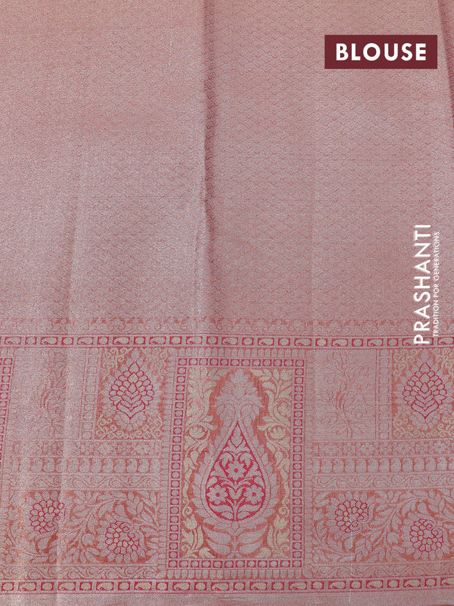 Tissue semi kanjivaram silk saree teal green and pink with allover silver zari woven broacde weaves and silver zari woven border
