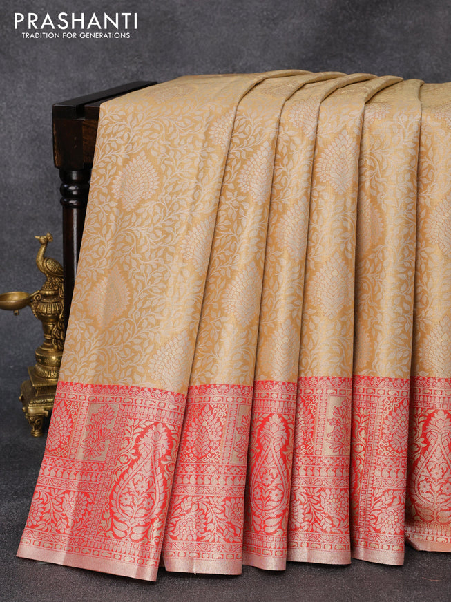 Tissue semi kanjivaram silk saree sandal and red with allover silver zari woven broacde weaves and silver zari woven border