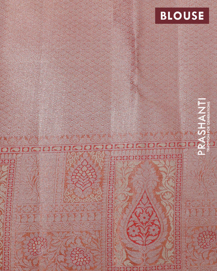 Tissue semi kanjivaram silk saree sandal and red with allover silver zari woven broacde weaves and silver zari woven border