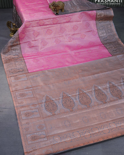 Tissue semi kanjivaram silk saree pink and black with allover copper zari woven broacde weaves and zari woven border