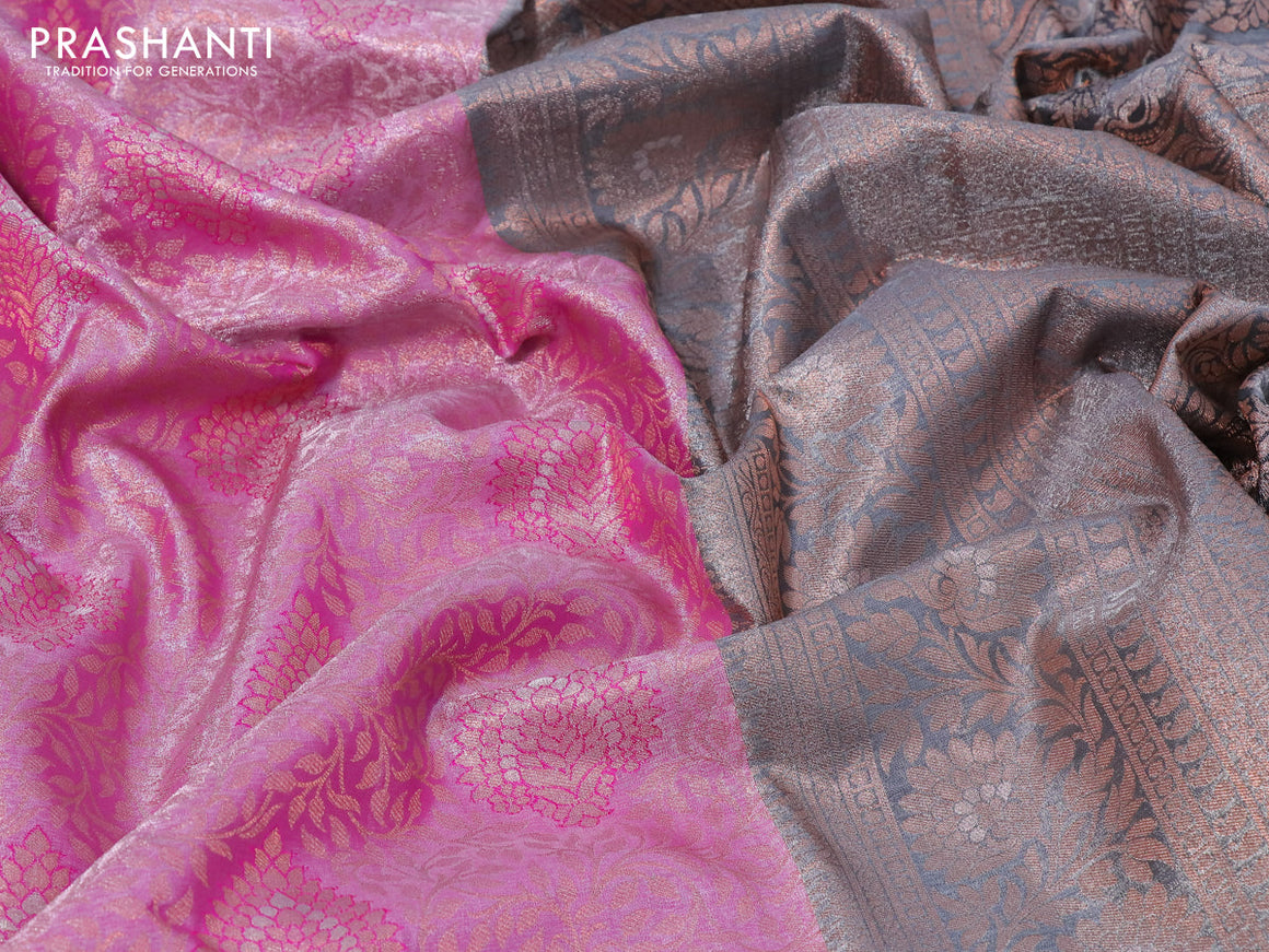 Tissue semi kanjivaram silk saree pink and black with allover copper zari woven broacde weaves and zari woven border