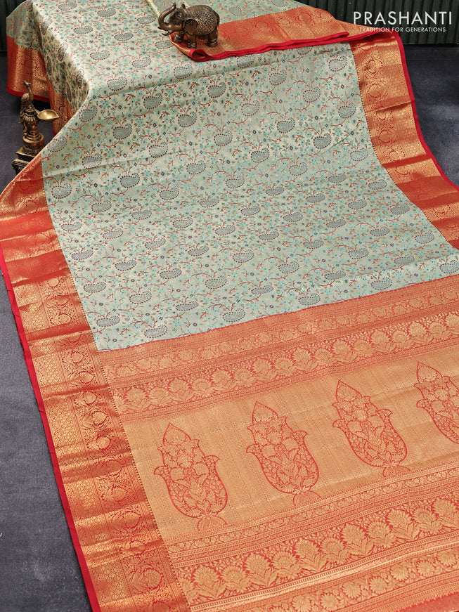 Tissue semi kanjivaram silk saree teal shade gold and red with allover thread & zari woven paisley weaves and rich zari woven border