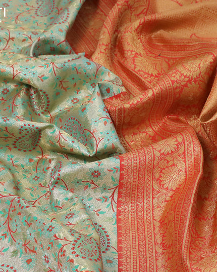 Tissue semi kanjivaram silk saree teal shade gold and red with allover thread & zari woven paisley weaves and rich zari woven border