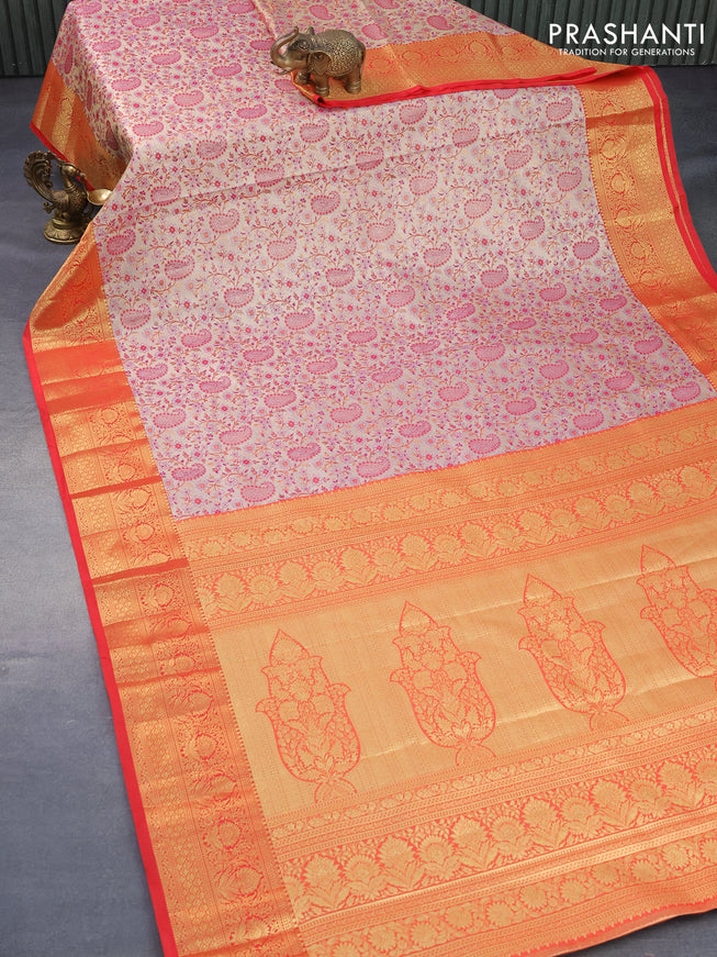 Tissue semi kanjivaram silk saree gold magenta pink and red with allover thread & zari woven paisley weaves and rich zari woven border