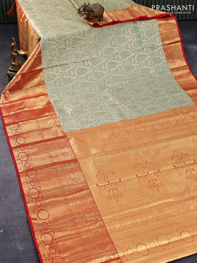 Tissue semi kanjivaram silk saree pista green and red with allover thread & zari woven floral weaves and long zari woven border