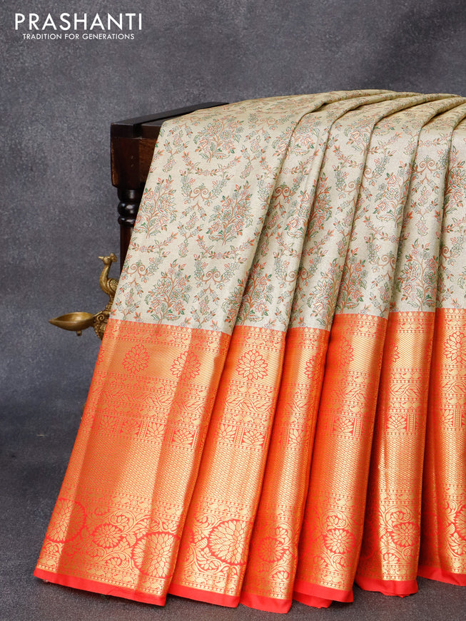 Tissue semi kanjivaram silk saree pista green and red with allover thread & zari woven floral weaves and long zari woven border