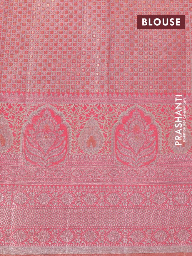 Tissue semi kanjivaram silk saree beige teal green and peach pink with allover thread & zari woven floral weaves and rich zari woven border