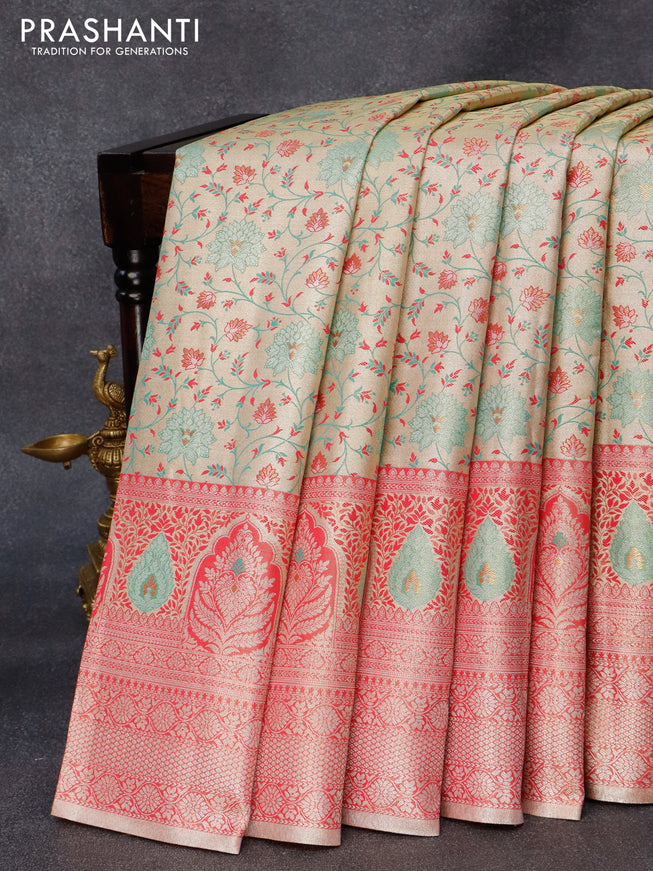 Tissue semi kanjivaram silk saree beige teal green and pink shade with allover thread & zari woven floral weaves and long rich zari woven border