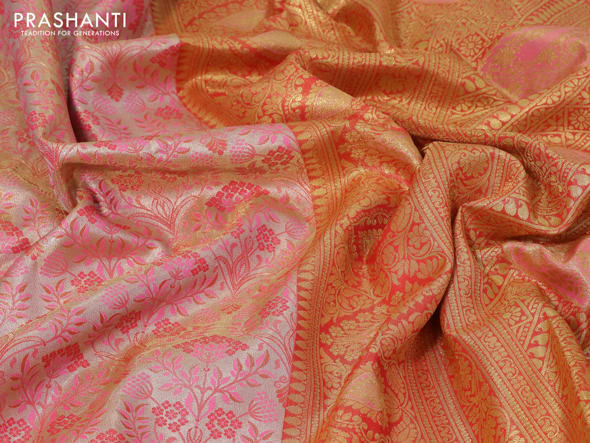 Tissue semi kanjivaram silk saree cream light pink and red with allover thread & zari woven floral weaves and rich zari woven border