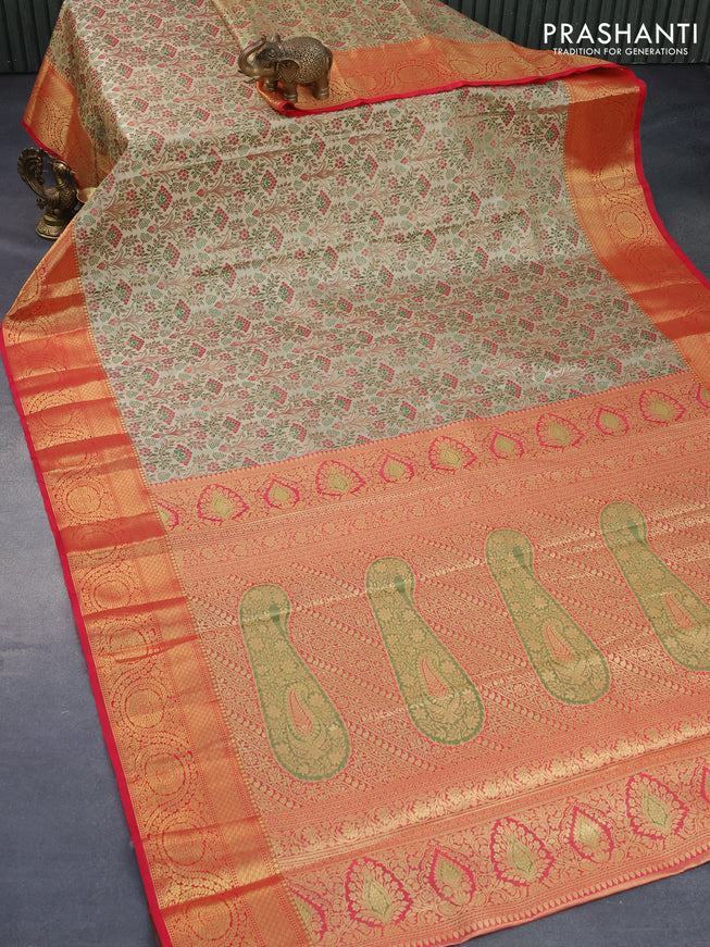 Tissue semi kanjivaram silk saree gold green and pink with allover thread & zari woven floral weaves and rich zari woven border
