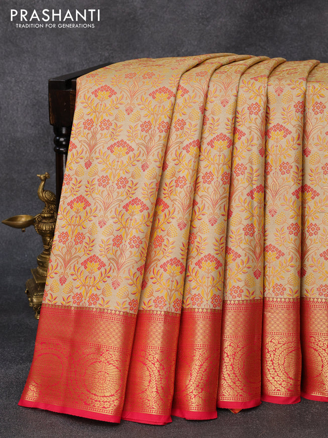 Tissue semi kanjivaram silk saree cream and pink with allover thread & zari woven floral weaves and rich zari woven border