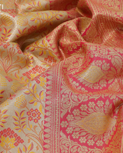 Tissue semi kanjivaram silk saree cream and pink with allover thread & zari woven floral weaves and rich zari woven border