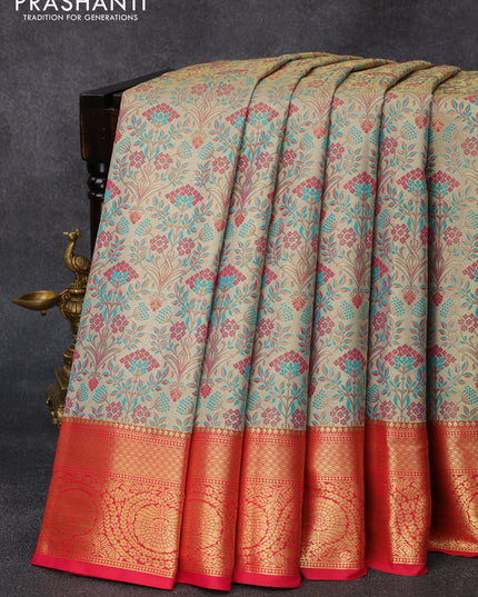 Tissue semi kanjivaram silk saree gold teal blue and pink with allover thread & zari woven floral weaves and rich zari woven border