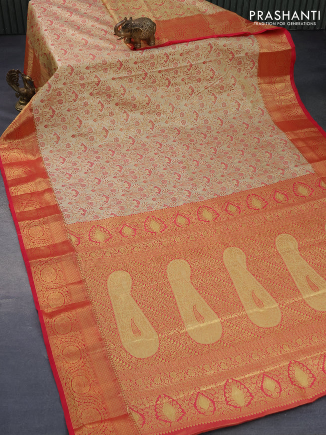 Tissue semi kanjivaram silk saree gold and pink with allover thread & zari woven floral weaves and rich zari woven border
