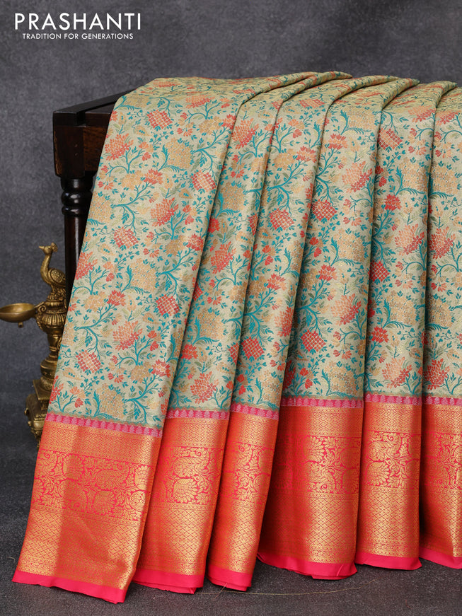 Tissue semi kanjivaram silk saree pastel green and pink with allover thread & zari woven floral weaves and zari woven border