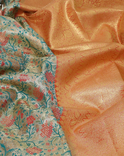 Tissue semi kanjivaram silk saree pastel green and pink with allover thread & zari woven floral weaves and zari woven border