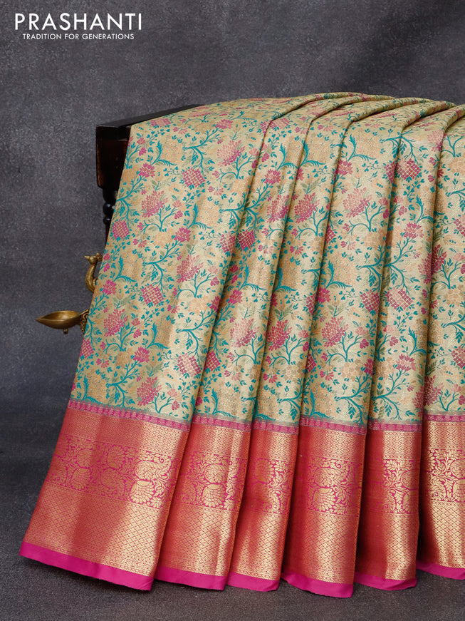 Tissue semi kanjivaram silk saree gold and purple with allover thread & zari woven floral weaves and zari woven border