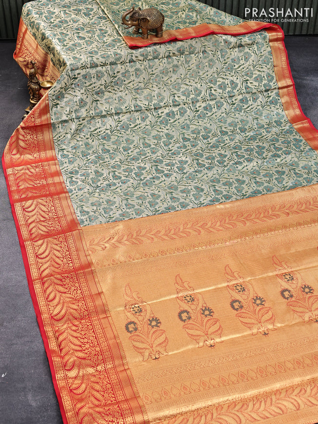 Tissue semi kanjivaram silk saree gold green and red with allover thread & zari woven floral weaves and zari woven border