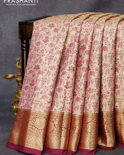 Tissue kanjivaram silk saree gold magenta pink and dark purple with allover thread & zari woven floral weaves and zari woven border