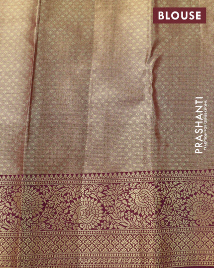 Tissue kanjivaram silk saree gold magenta pink and dark purple with allover thread & zari woven floral weaves and zari woven border