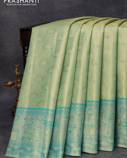 Tissue semi kanjivaram silk saree light green and teal green with allover thread & zari weaves and woven border
