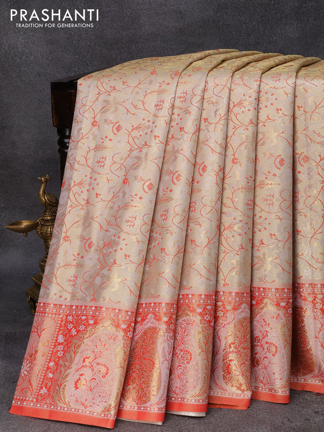 Tissue semi kanjivaram silk saree cream and red with allover thread & zari weaves and woven border